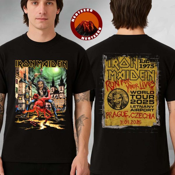 Iron Maiden Run For Your Lives World Tour 2025 Prague Venue Tee In Czechia At Letnany Airport On May 31 2025 Eddie Vs Devil Two Sides Unisex T-Shirt