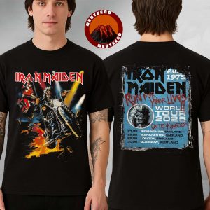 Iron Maiden Run For Your Lives World Tour 2025 United Kingdom Event Tee Tour Dates Biker Eddie Breaks Through The Wall Two Sides Unisex T-Shirt
