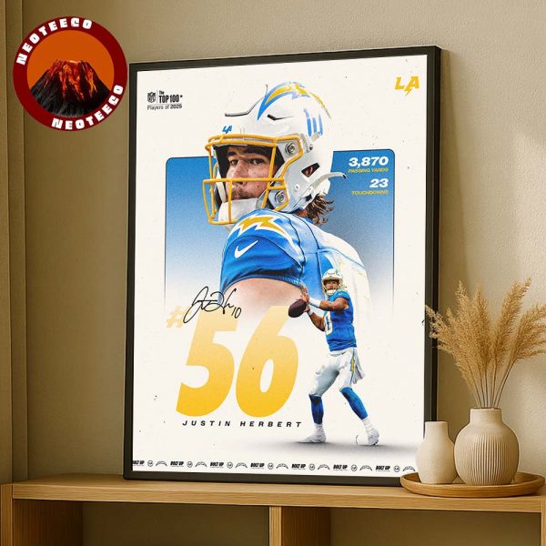 Justin Herbert NFL Top 100 Poster Ranked 56 for 2025 Season with LA Chargers NFL Season Home Decor Poster Canvas