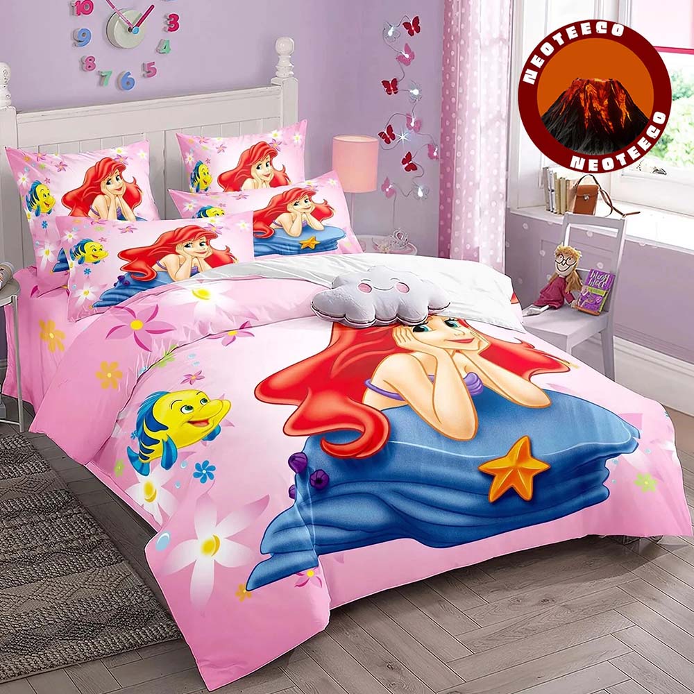 Cartoon Ariel Mermaid Bedding Set Cute Princess Duvet Cover with Pillowcases for Girls Kids Bedroom Decor