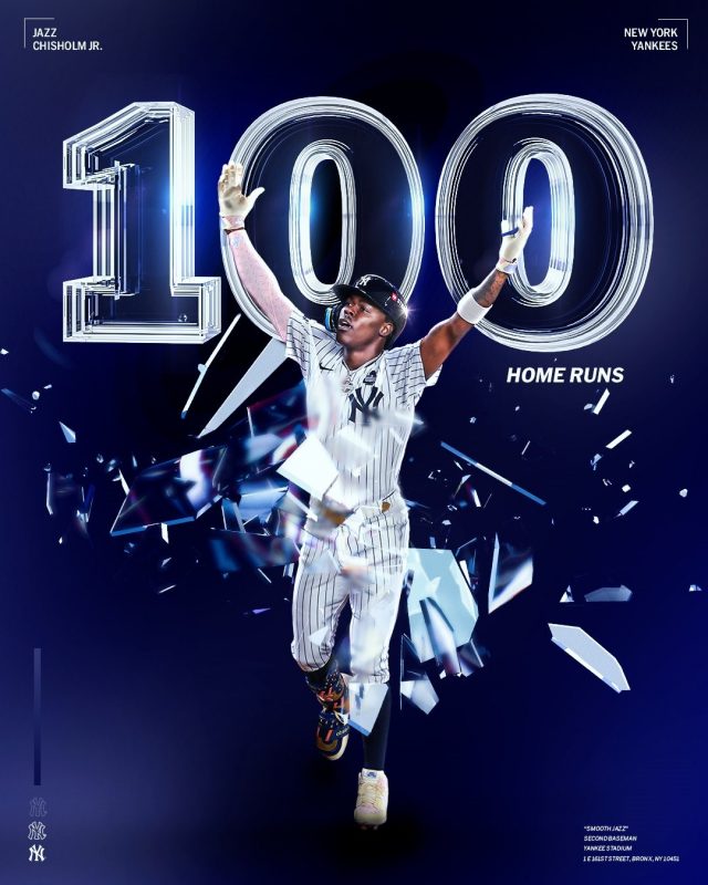 Jazz Chisholm Jr. New York Yankees 100 Career Home Runs MLB Baseball 2025 Poster Vintage Portrait Artwork