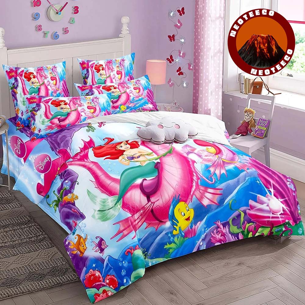 Little Mermaid Ariel Princess Bedding Set Cute Cartoon Duvet Cover with Pillowcases for Kids Girls Room Decor