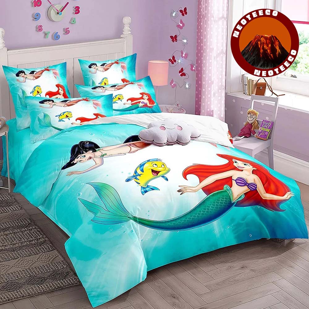 Little Mermaid Bedding Set Ariel Princess Duvet Cover with Pillowcases for Kids Girls Pink Ocean Style