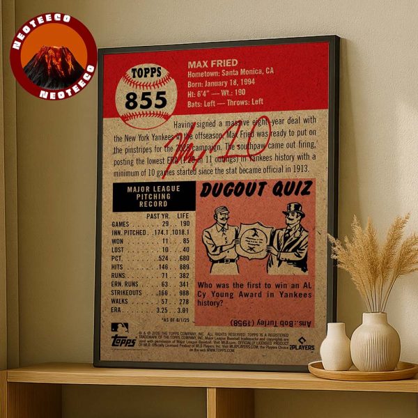 Max Fried Baseball Poster With Yankees Stats On August 1 2025 New York Yankees Pitching Record MLB Card Style Home Decor Poster Canvas