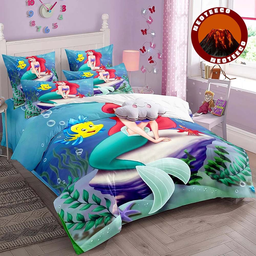 Pink Mermaid Princess Bedding Set Ariel Duvet Cover with Pillowcases for Girls Kids Ocean Bedroom Theme
