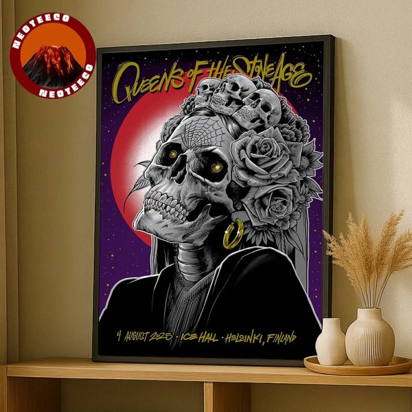 Queens Of The Stone Age Poster At Ice Hall In Helsinki Finland On August 4 2025 With Skull Flower Crown Design Home Decor Poster Canvas