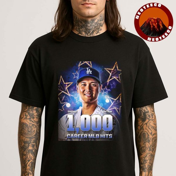 Shohei Ohtani 1000 Career MLB Hits Poster With Close-Up In LA Dodgers Jersey 2025 Unisex T-Shirt