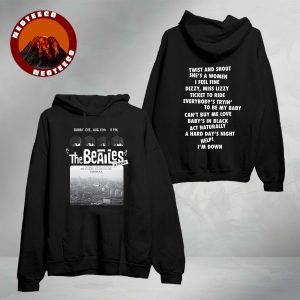 The Beatles Shea Stadium 1965 Anniversary Black Hoodie With Concert Setlist And Vintage Flyer Design Two Sides Unisex Hoodie