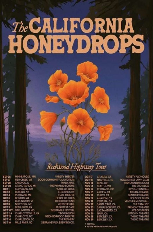 The California Honeydrops Tour Poster Redwood Highway Tour 2025 Orange Poppy Flower Artwork