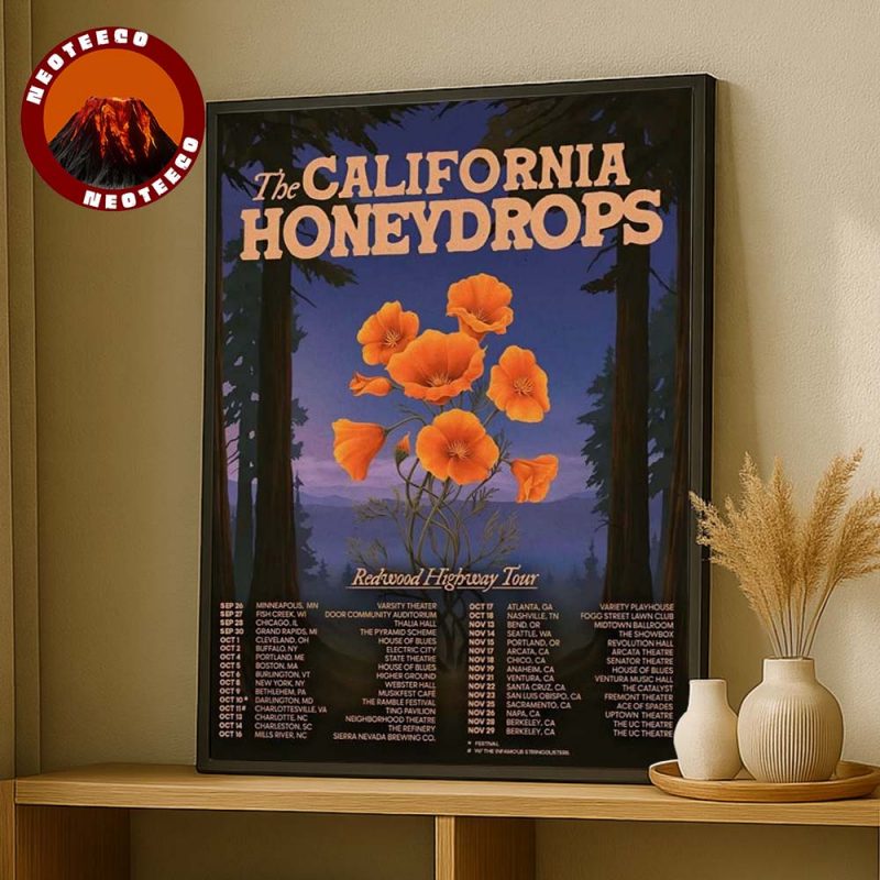 The California Honeydrops Tour Poster Redwood Highway Tour 2025 Orange Poppy Flower Artwork Home Decor Poster Canvas