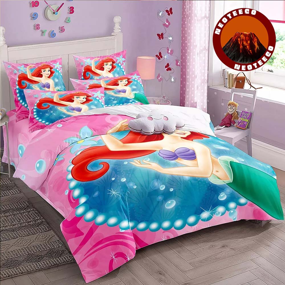 The Little Mermaid Princess Bedding Set for Girls Kids Bedroom Decor Cute Cartoon Ariel Duvet Cover with Pillowcases Pink Ocean Theme