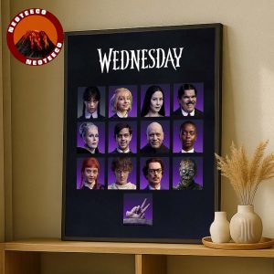 Wednesday Season 2 Character Cast Poster With Main Actors Portraits and Thing Hand Victory Sign Home Decor Poster Canvas