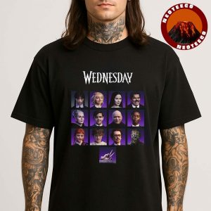 Wednesday Season 2 Character Cast Poster With Main Actors Portraits and Thing Hand Victory Sign Unisex T-Shirt