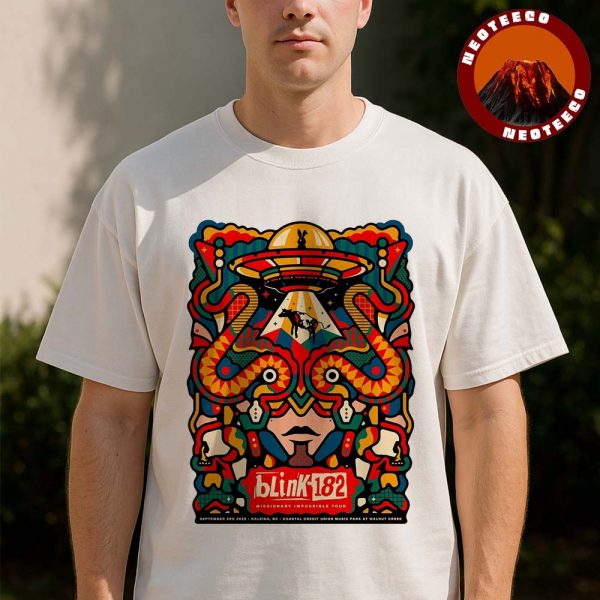 Blink 182 Live Show Concert Poster At Coastal Credit Union Music Park In Raleigh North Carolina On September 3 2025 Missionary Impossible Tour Artwork Unisex T-Shirt