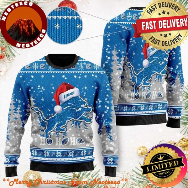 Detroit Lions Symbol Wearing Santa Claus Hat Ho Ho Ho Custom Personalized Christmas Ugly Sweater 2025